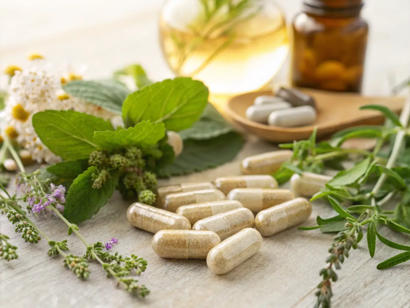 A close-up shot of various natural supplements known for their heart-healthy benefits, such as omega-3 fatty acids, CoQ10, and plant sterols, arranged aesthetically on a wooden surface.