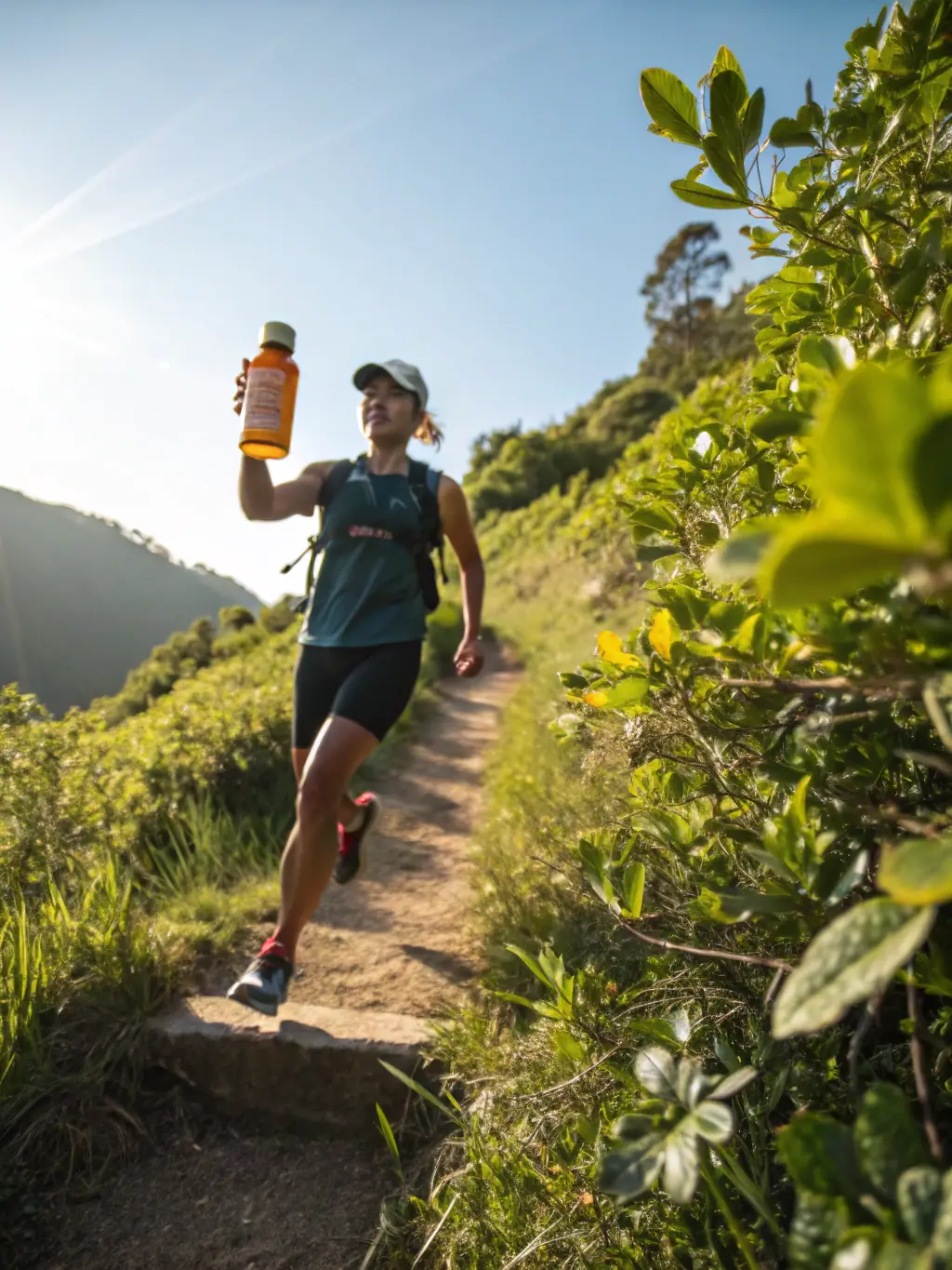 A person joyfully hiking in a lush green forest, symbolizing the active lifestyle promoted by PureHeart Wellness for heart health.