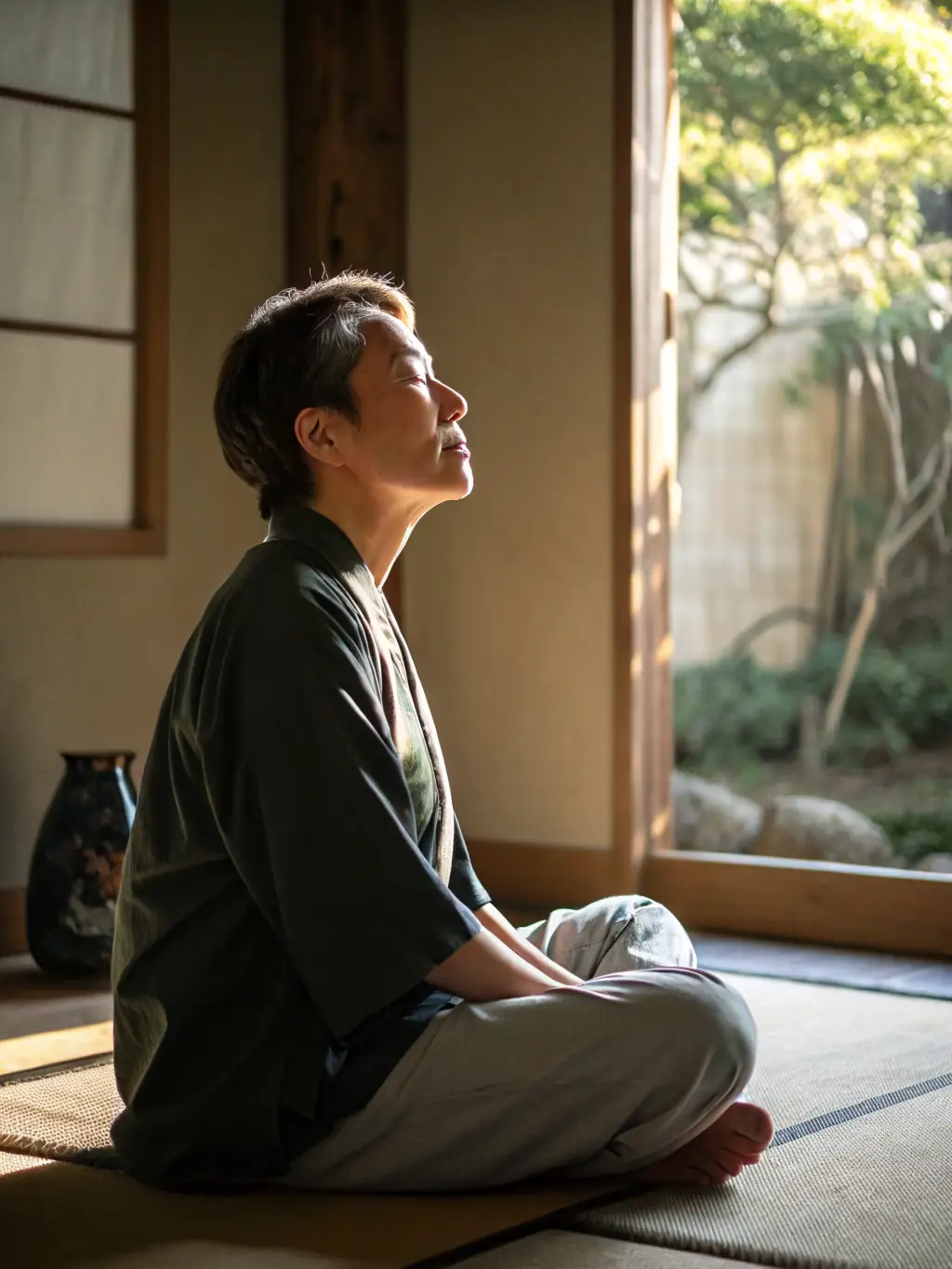A person meditating peacefully in a serene environment, illustrating the stress reduction techniques advocated by PureHeart Wellness.